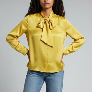 Babette Yellow Blouse Top with Tie Boxy Size Small Silk Blend